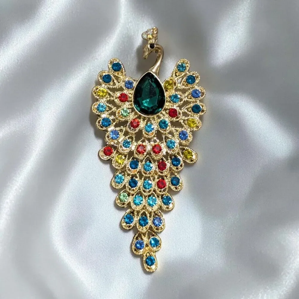 Colorful Rhinestone Peacock Brooch, Gold Tone, Maximalist Statement Bird Pin
